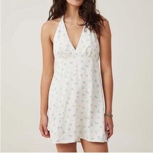 Cotton On Cream Blue Floral Halter Neck Dress Size US 6
